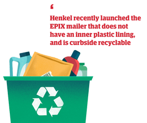 Illustration of recycling bin with quote: 'Henkel recently launched the EPIX mailer that does not have an inner plastic lining, and is curbside recyclable'