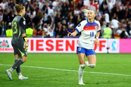 Chloe Kelly enjoys her winning penalty against Spain in the Euro 2025 final.