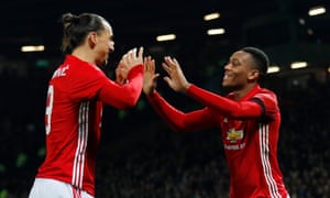 Anthony Martial, right, celebrates scoring Manchester United’s second goal against West Ham with Zlatan Ibrahimovic.