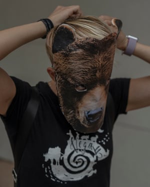 Protester wearing bear mask