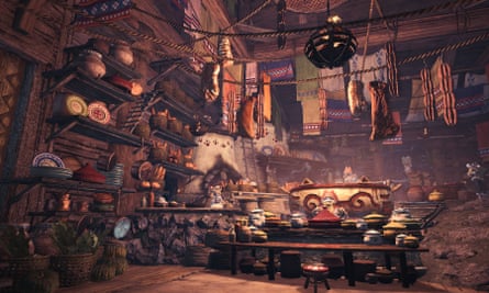 In Monster Hunter: World, the base camp is a giant cafeteria where fine foods are prepared by feline chefs.