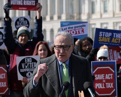 Senate Democrats speak to gathering opposed to the Save America legislation at the US Capitol on 18 March 2026.