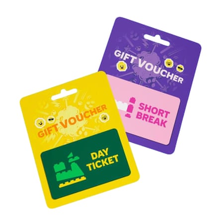Two Legoland gift voucher cards, yellow reading âÂÂDay Ticketâ and purple âÂÂShort BreakâÂÂ