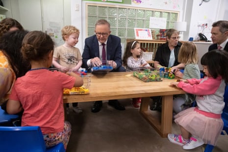 Anthony Albanese with children from the Manuka Childcare Centre in Canberra this morning