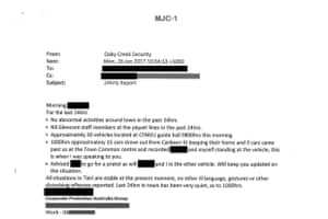 A copy of a briefing note provided to Glencore about the movements of CFMEU officials at its Oaky North mine in 2017.