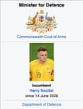 Screencap of a defaced Wikipedia page about Australia's Minister for Defence after the first Socceroos game of the 2026 World Cup with Australia winning against Türkiye, 2-1