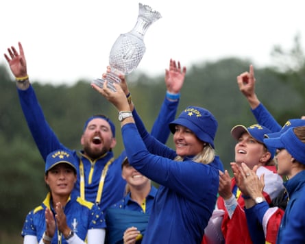Anna Nordqvist, the Europe captain, lifts the Solheim Cup