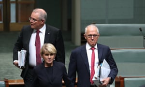 Prime minister Malcolm Turnbull arrives for question time in the House of Representatives in parliament house Canberra with treasurer, Scott Morrison, and foreign minister, Julie Bishop. 30 May 2018. 