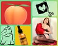 A composite of a peach, a shine gel and a woman dressed in lingerie holding a red heart cushion