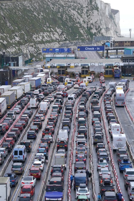 A huge volume of traffic at the Port of Dover in Kent on 1 April as coach and ferry services were disrupted.