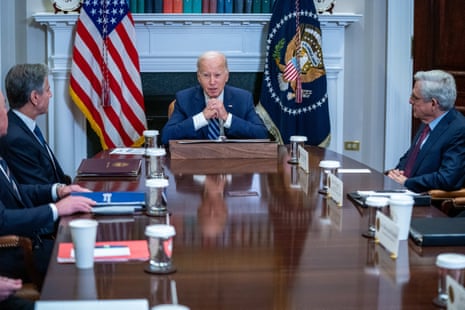 Joe Biden, with secretary of state Antony Blinken (left) and attorney general Merrick Garland, outlines efforts to counter the flow of fentanyl into the US at the White House on Tuesday.