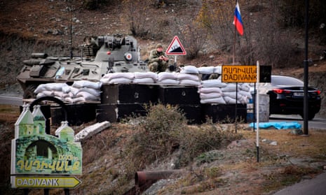 Russian peacekeepers stationed in front of Dadivank monastery, outside the town of Kalbajar, which has been transferred to Azerbaijan