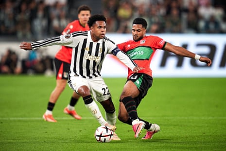 Almugera Kabar (right) tackles Weston McKennie of Juventus in a Europa League encounter in Turin this month.