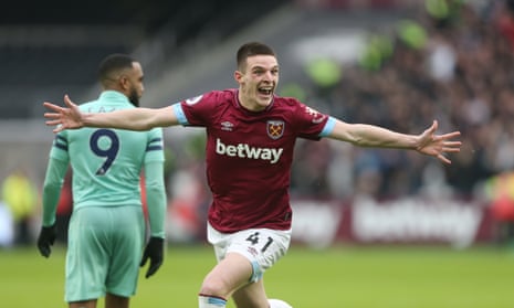 West Ham United’s Declan Rice celebrates scoring his side’s first goal.
