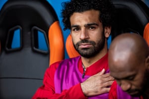 Mohamed Salah looks on from the bench during the national anthems before the match between Egypt and Uruguay at Ekaterinburg Arena.