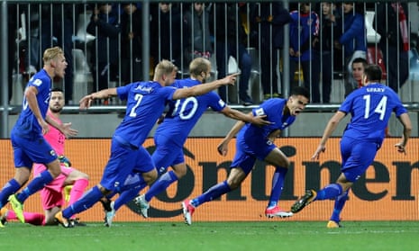 Finland’s Pyry Soiri celebrates scoring the equaliser late into the group game in Croatia.