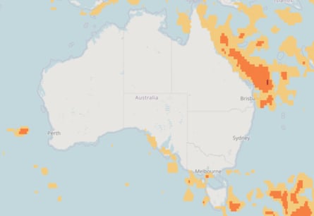 A map indicating areas of Australian waters experiencing a marine heatwave.