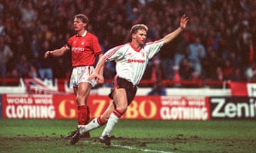 Mark Robins celebrates after heading home the only goal of the game at the City Ground to put United into the fourth round of the FA Cup