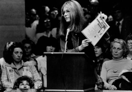 Gloria Steinem speaking at a podium in 1979
