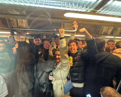 Crowds on the Budapest metro on their way to Tisza's victory party