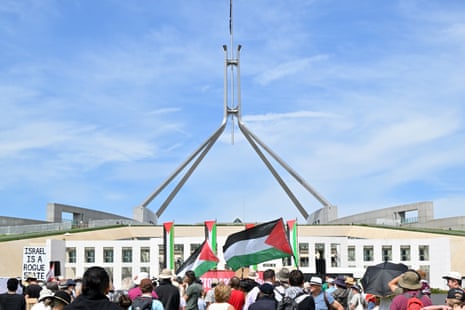 Protesters at a rally during Israeli president Isaac Herzog’s visit to Parliament House in Canberra