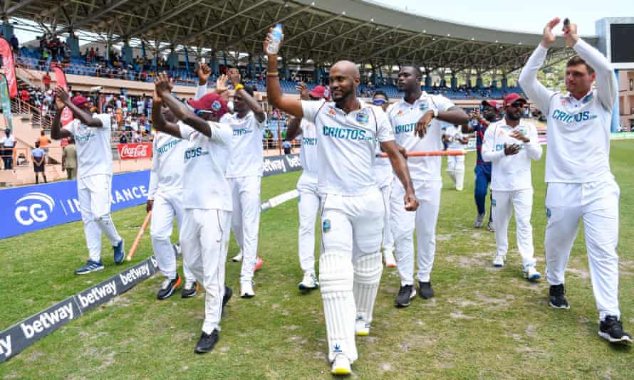 Kraigg Brathwaite (centre) and his West Indies teammates acknowledge the crowd after the series win over England.