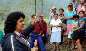 Berta Cáceres speaks to people near the Gualcarque river in 2015 where residents were fighting a dam project.