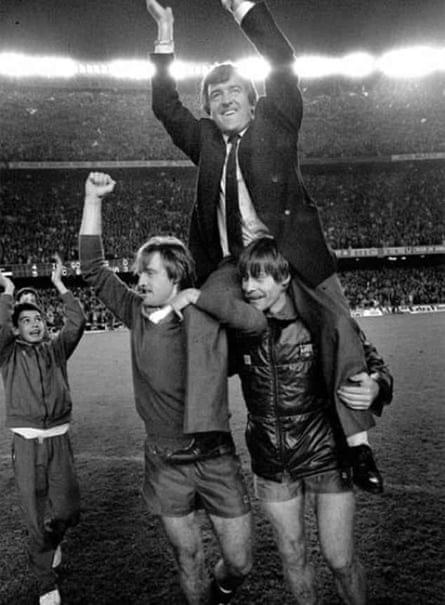 A young Pep Guardiola (left) looking up at Barcelona manager Terry Venables after their European Cup semi-final triumph against IFK Gothenburg in 1986.