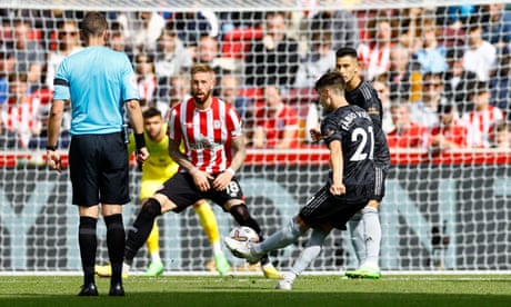 Arsenal's Fábio Vieira scores their third goal against Brentford