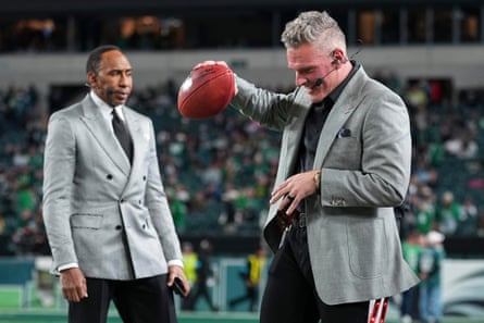 ESPN personalities Stephen A Smith and Pat McAfee before MondayâÂÂs Cowboys-Eagles game in Philadelphia. McAfeeâÂÂs rise has come to symbolize the networkâÂÂs embrace of personality-driven spectacle over traditional sports analysis.