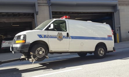 The Baltimore police van Freddie Gray was transported in the day of his arrest and injury is moved to the Courthouse East garage prior to being shown to jurors on Thursday.