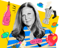 A black and white photograph of Angela Hartnett in a striped shirt, surrounded by colorful illustrated food items