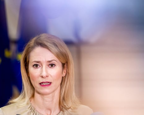 European Union foreign policy chief Kaja Kallas speaks to media as she arrives for a EU general affairs meeting at the European Council building in Brussels.