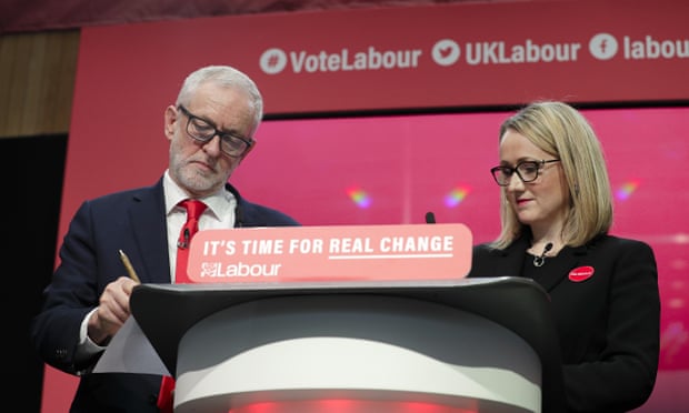 Rebecca Long-Bailey with Jeremy Corbyn on stage at the launch of Labour’s general election manifesto.