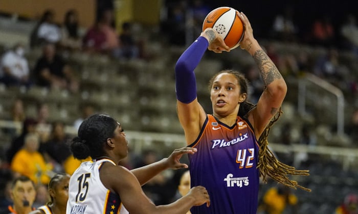 Phoenix Mercury center Brittney Griner (42) shoots over Indiana Fever forward Teaira McCowan (15) in the first half of a WNBA basketball game in Indianapolis last September.