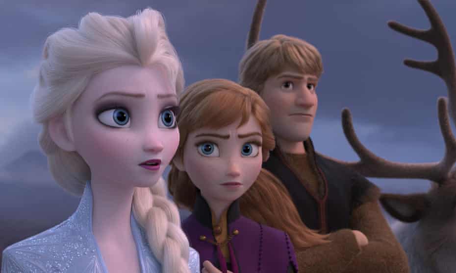 This image released by Disney shows Elsa, Anna, and Kristoff in a scene from Frozen 2.