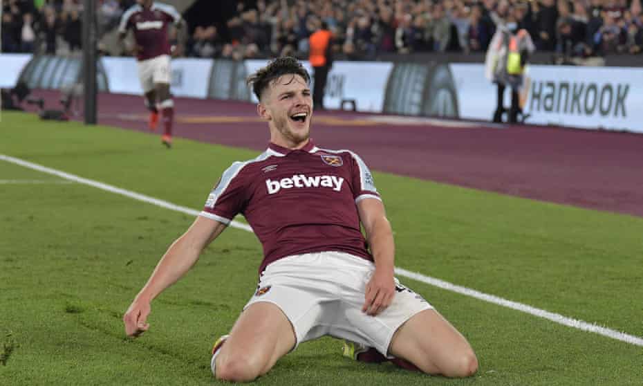 Declan Rice celebrates after scoring the first goal in West Ham’s 2-0 victory.