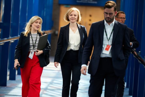 Liz Truss at the party conference today, walking towards the concerence centre on the footbridge from the Hyatt hotel.