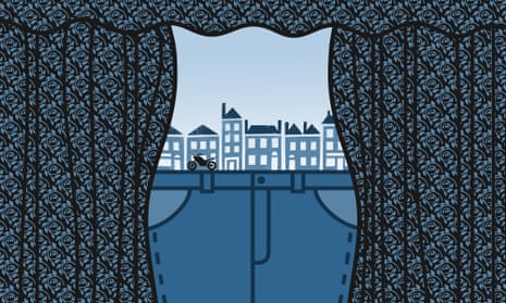 Illustration of curtains drawing back on motorbike outside terrace of houses on outline of woman's body