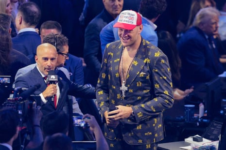 Tyson Fury wears a cap reading ‘Donald Trump for Prime Minister’ during a surprise appearance at UFC Freedom 250 on Sunday night.