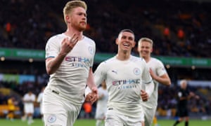 Kevin De Bruyne of Manchester City celebrates after scoring their side's third goal