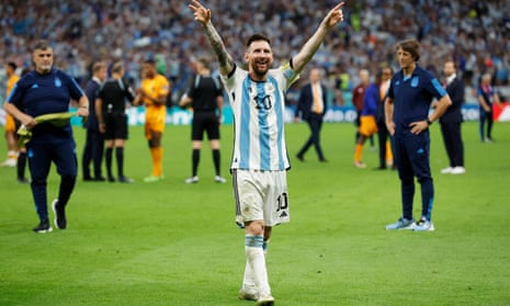 Argentina's Lionel Messi celebrates after his nation’s penalty shootout victory over Netherlands.