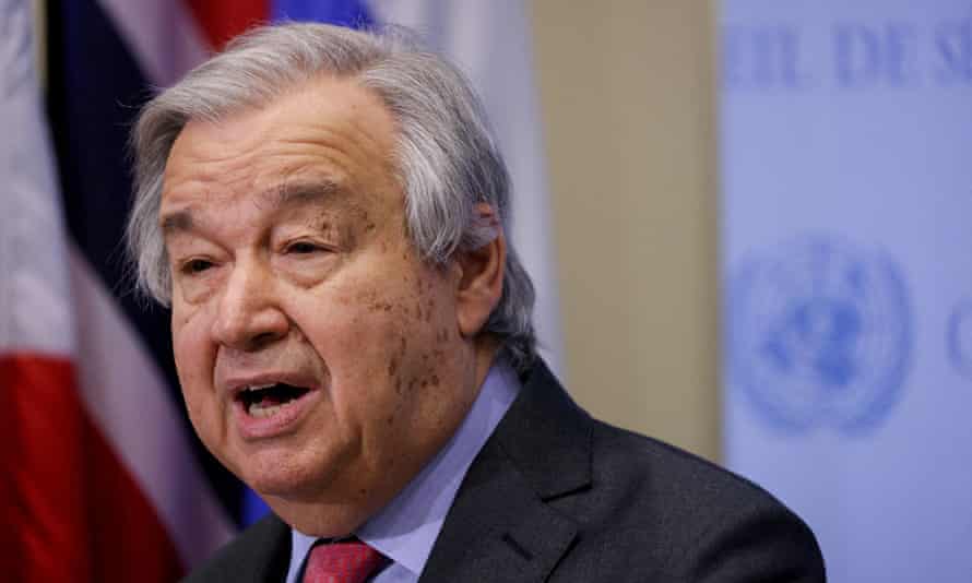 United Nations Secretary-General Antonio Guterres speaks to the media regarding Russia’s invasion of Ukraine, at the United Nations Headquarters in New York City, U.S., March 14, 2022.