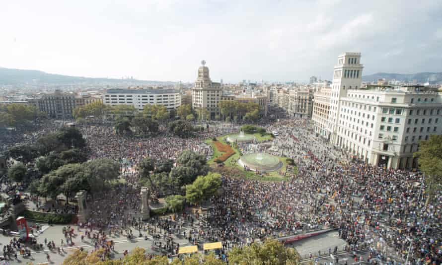 Thousands of protesters gather at Catalunya Square n Barcelona.