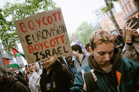 Sign calling for a boycott of Eurovision and Israel during a demonstration marking the 78th anniversary of the Nakba (the expulsion and exodus of a large portion of Palestine's Arab population during the 1948 Arab-Israeli War) in Toulouse, in southwestern France.