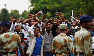 Demonstrators chant slogans during the Irreecha festival in Bishoftu