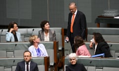 Australian Prime Minister Anthony Albanese speaks to members of the crossbench