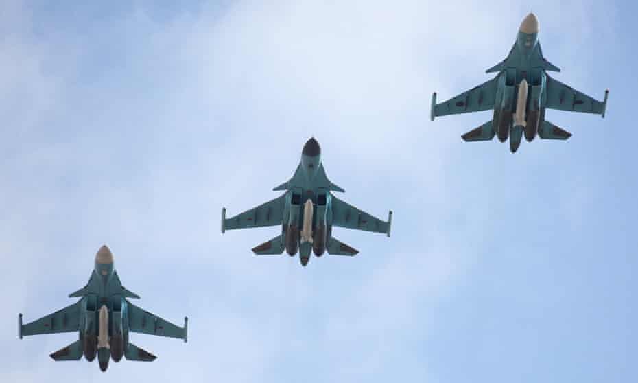 Russian Su-34 bombers returning to a base in Voronezh after a mission in March. Su-34 bombers have flown over Syria from a base in Iran for the first time.