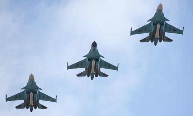 Russian air force Su-34 fighter bombers in flight