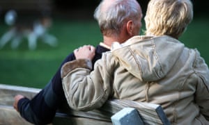 Worried pensioner couple sit on park bench.